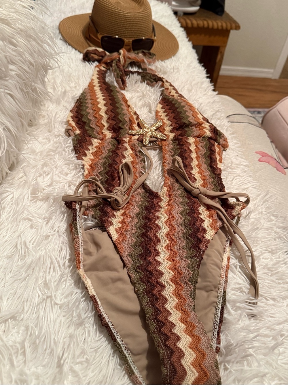 Women’s sexy  One-Piece Swimsuit in multi colors - brown, olive green & beige